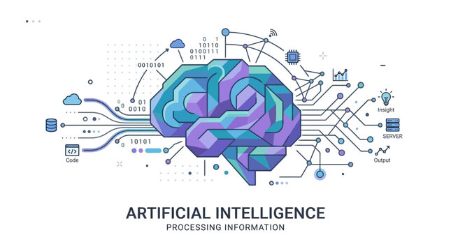 This flat design illustration depicts an abstract human brain interacting with a complex data network, symbolizing artificial intelligence processing information and learning.