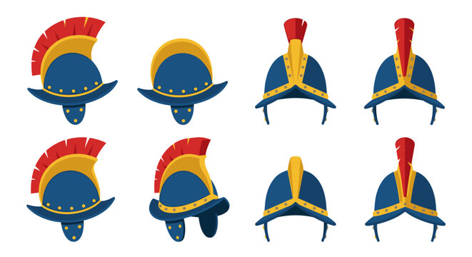 Knight helmet vector set with various views and crest colors