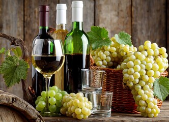 Obraz premium Elegant still life of wine bottles, glasses, and fresh green grapes on rustic wooden background