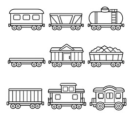 Naklejka premium Railway and transport design icons with freight wagon, passenger car, coal cart for branding design in outline style