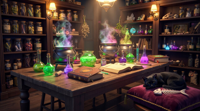 A black cat sitting on a pillow in front of a table filled with potions