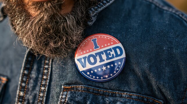 Close-up of a man with a beard wearing an 'I Voted' sticker on a denim jacket during an election