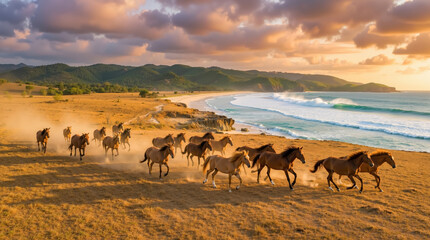Fototapeta premium A herd of horses running across a sandy beach next to the ocean