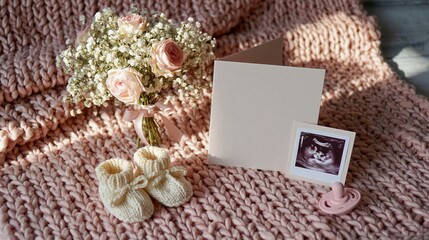 Fototapeta premium Soft Focus Newborn Baby Booties, Ultrasound Photo, and Flowers on Cozy Pink Blanket