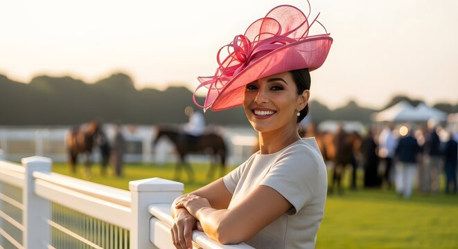 Elegant woman wearing a pink fascinator hat at a horse racing event.