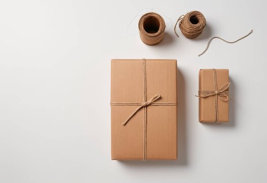 Flat lay of gift boxes wrapped in craft paper and hemp twine
