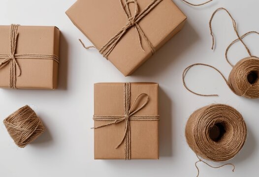 Flat lay of gift boxes wrapped in craft paper and hemp twine