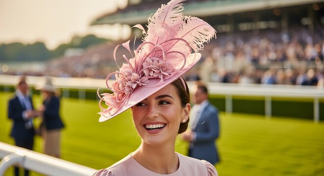 A smiling woman wearing an elegant pink fascinator hat at a sunny horse racing event.