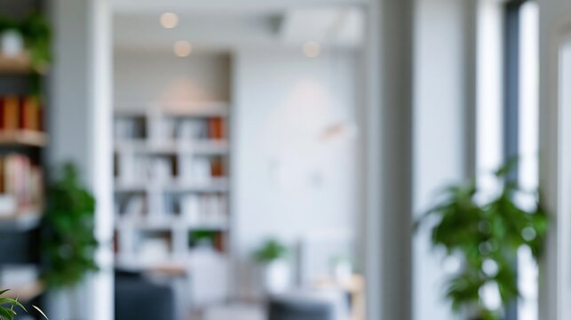 Soft Focus Interior Scene with Lush Green Plants and Bookshelf in Natural Light