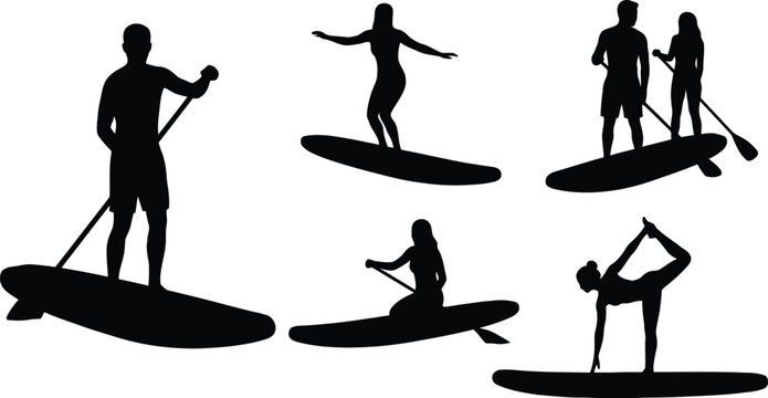 People paddleboarding and exercising on boards