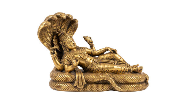 Reclining Lord Vishnu on Adishesha Bronze Hindu Sculpture Isolated on White