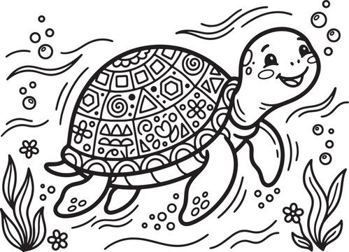 Cute sea turtle coloring page with intricate mandala patterns on shell swimming in ocean with bubbles and seaweed plants for kids creative activity and education.