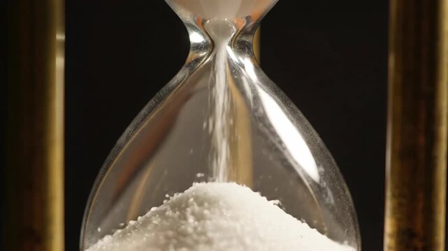 White Sand Grains Falling Steadily Through Vintage Brass Hourglass in Macro Close-up