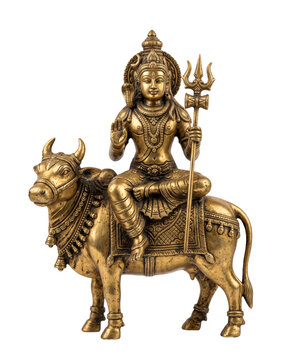 Lord Shiva Sitting on Nandi Bull Antique Bronze Hindu Statue Isolated on White Background