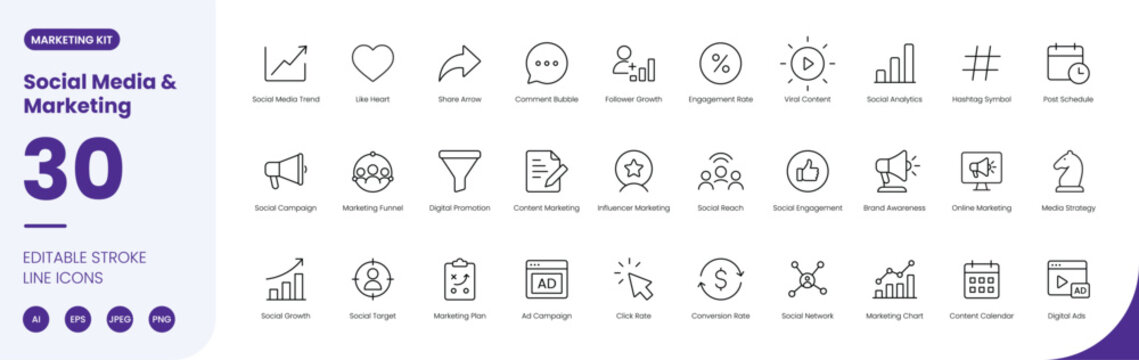social media marketing icon line style digital promotion editable stroke vector set