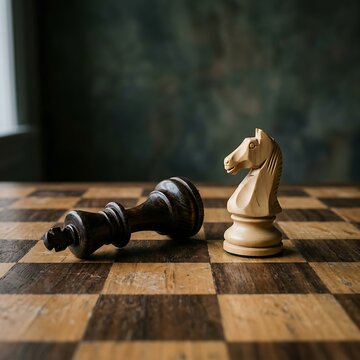 A standing white knight chess piece triumphs next to a defeated fallen black king on a wooden chessboard.