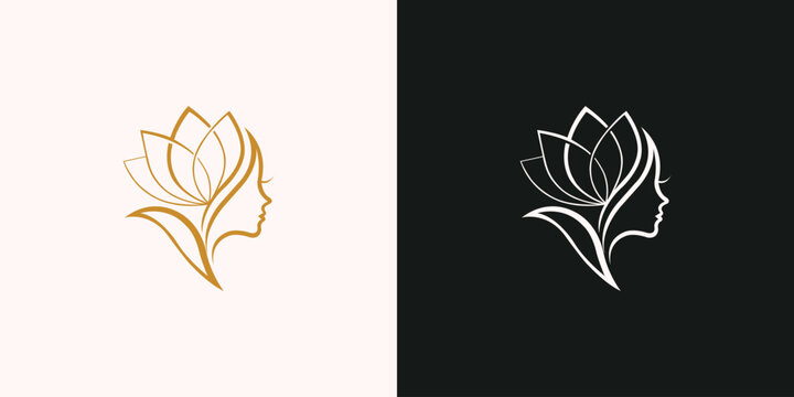 Minimalist skincare logo design with elegant woman face line art and organic leaf element