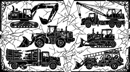 Obraz premium Set of black silhouette construction and heavy machinery illustrations.