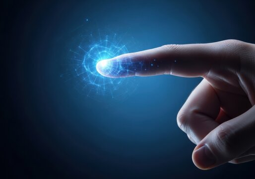 A finger touching a glowing digital interface with a futuristic blue light effect