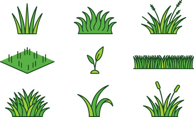 Fototapeta premium Minimalist Green Grass and Lawn Tuft Vector Line Icon Set Featuring Isometric Field Border Sprout and Reed Elements for Sustainable Landscape Design