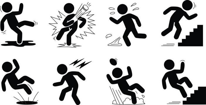 Stick Figure Icons Depicting Various Accidents and Safety Hazards Keywords: stick figure, accident, hazard, danger, warning