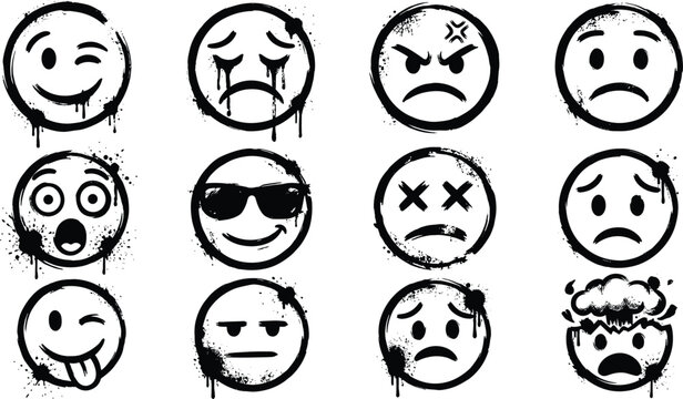 Grunge Graffiti Emoji Icon Set with Texturized Spray Paint Splatters of Happy, Sad, Angry, and Exploding Smiley Faces for Urban Streetwear Designs