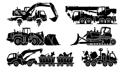 Obraz premium Set of black silhouettes of construction and industrial vehicles.