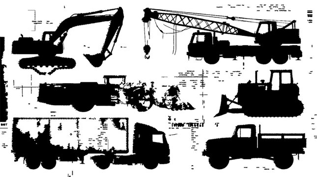 Set of black silhouettes of construction and industrial vehicles 1.