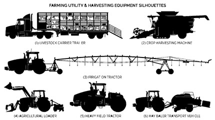 Obraz premium Set of black silhouettes of farming utility and agricultural harvesting machinery.