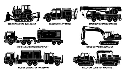 Obraz premium Set of black silhouettes of heavy construction and emergency transport machinery.