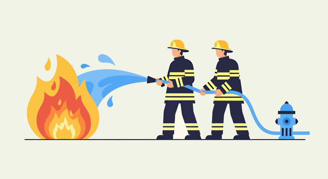 Cartoon firefighter using a fire hose to fight a fire, vector illustration