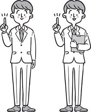 ポイントを説明する男性会社員2　全身　ベクター（モノクロ）