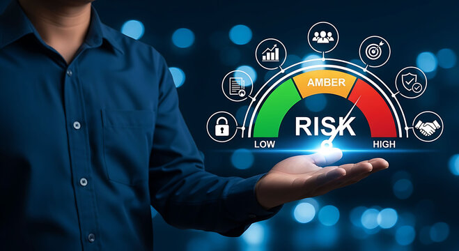 Businessman holding virtual risk assessment gauge meter with high level pointer