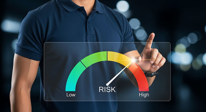 Businessman pointing at high risk level gauge meter on virtual interface screen