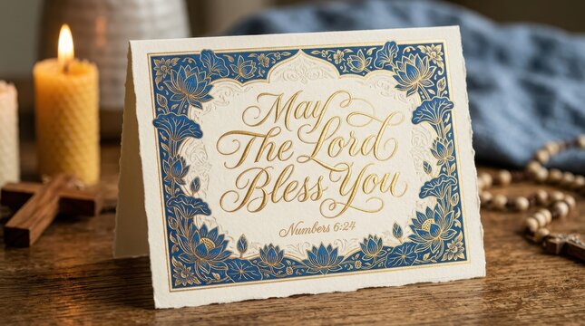 May the lord bless you religious greeting card with gold foil lettering and blue floral border on textured paper stock.