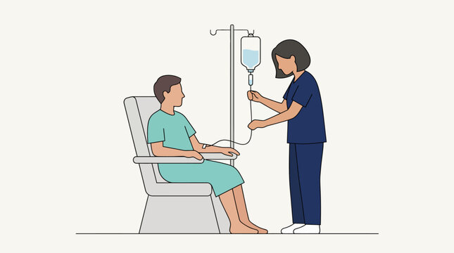Nurse administering IV drip to patient.