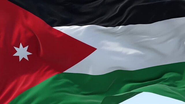 Waving flag of Jordan with black white red and green stripes and a white star on a red triangle