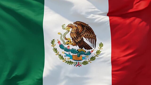 The national flag of Mexico waving in the wind, featuring the iconic coat of arms with an eagle devouring a snake on a cactus
