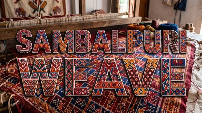 Colorful sambalpuri weave textile art with traditional ikat patterns from odisha displayed on handloom inside workshop.