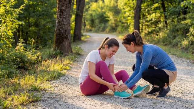 Young woman helping friend with ankle injury on trail, outdoor first aid, hiking accident, friendship support, compassion.