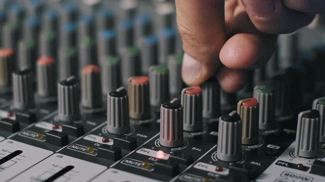 Close-up of a sound engineer turning colorful rotary knobs on a professional audio mixing console. The shot shows red, green, and blue caps and a flashing clip light while EQ is adjusted.