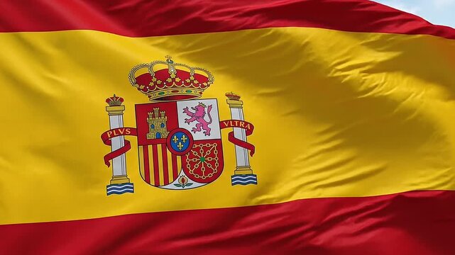 Waving Spanish Flag with Coat of Arms Detailed Emblem and Pillars of Hercules Symbolizing National Identity and Heritage