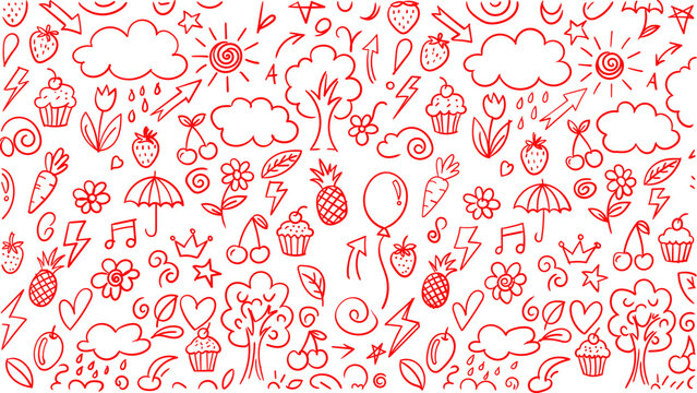 Cute red handdrawn doodle seamless pattern sketch elements like clouds, sun, fruits, cupcakes, arrows, hearts, stars, isolated on white background
