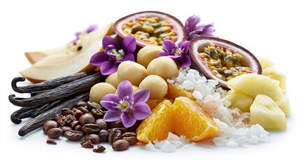 Fototapeta premium Exotic Tropical Fruit, Coffee Beans, Vanilla Pods, and Macadamia Nuts Arranged Artistically