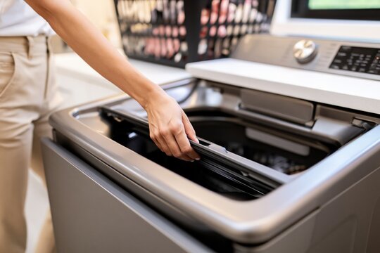 Close up of a person loading laundry into a modern top-loading washing machine