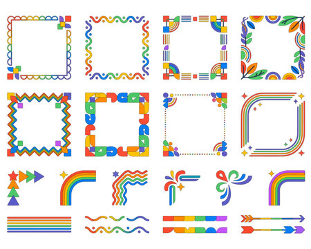 Colorful Graphic Borders and Design Elements: A vibrant collection of rainbow-colored geometric borders, corners, and decorative lines, offering a versatile set of design assets for creative projects.
