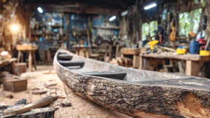 Obraz premium Traditional Wooden Canoe Inside Workshop Showcasing Heritage Craftsmanship and Artisanal Skill in Nature