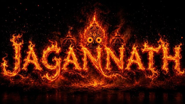 Jagannath depicted as fiery text with swirling flames and smoke, symbolizing intense spiritual energy.