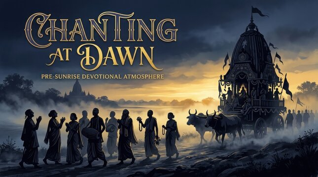 Chanting at dawn pre-sunrise devotional atmosphere, spiritual gathering in ancient land at glowing horizon.