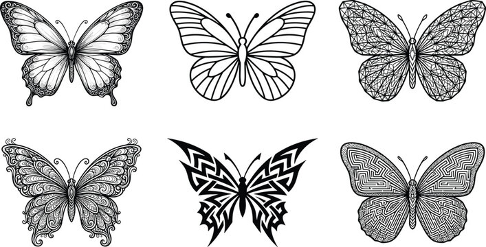 Butterfly vector collection featuring intricate mandala geometric tribal and simple line art outline designs for coloring and tattoos